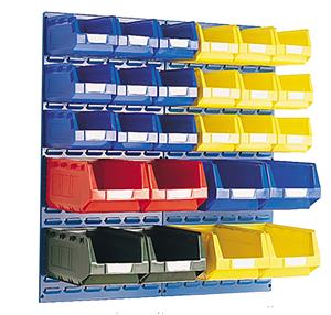 3 x 457mm W x 990mm H Bott Louvre Panels with 26 bins Bott Louvre Panels | Small Parts Storage | Wall Mounted Container Storage 14030014.11v Gentian Blue (RAL5010) 14030014.24v Crimson Red (RAL3004) 14030014.19v Dark Grey (RAL7016) 14030014.16v Light Grey (RAL7035) 14030014.RAL Bespoke colour £ extra will be quoted